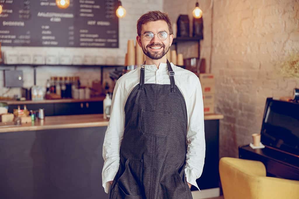 Cheerful male worker in apron standing in cafe